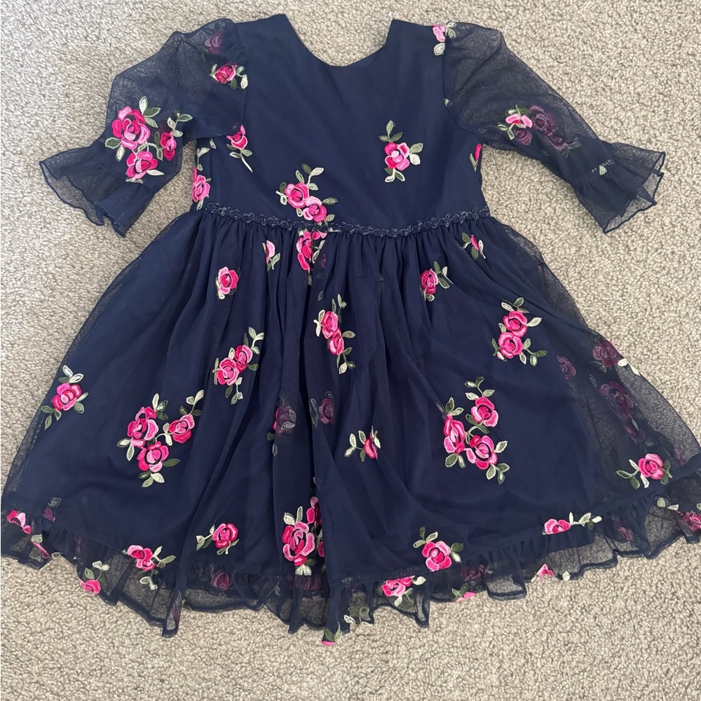 Laura Ashley Navy Dress with Pink Rose Embroidery